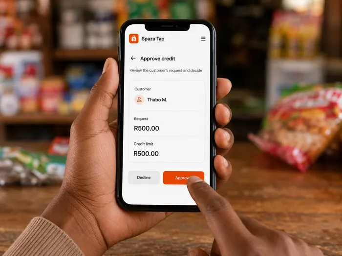 Spaza Tap approve credit screen on a phone with an owner confirming a request.