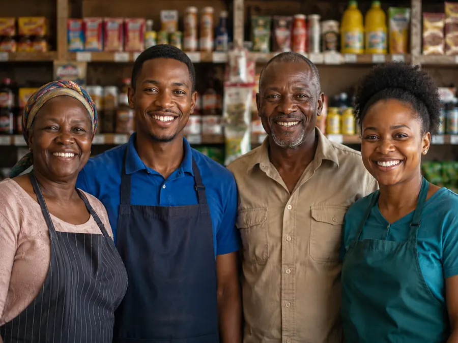 Smiling South African shop owners standing together inside a spaza shop.