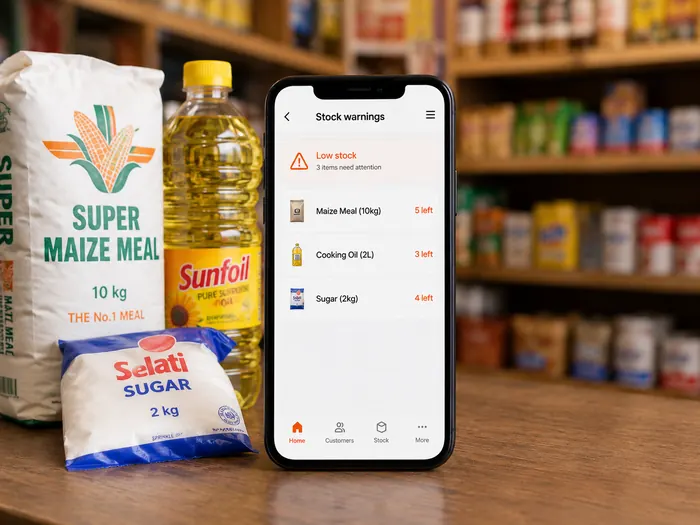 Spaza Tap stock warning screen on a phone next to maize meal, oil and sugar.