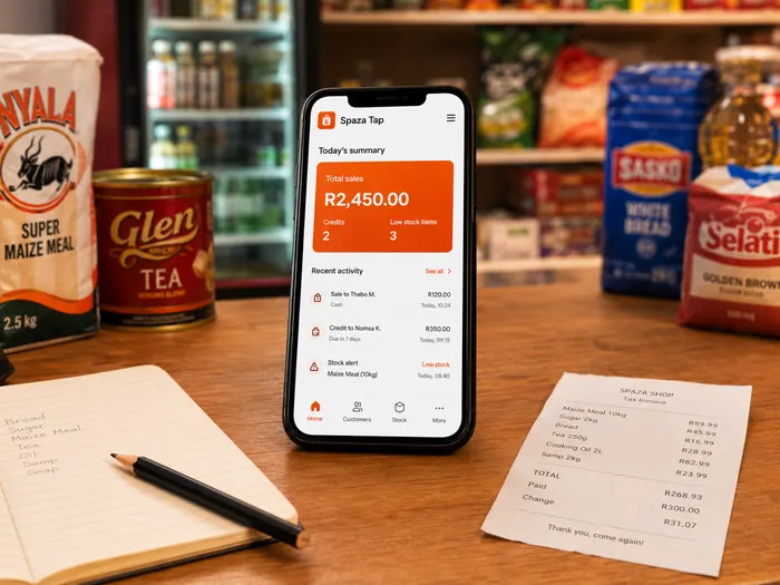 Spaza Tap daily shop summary screen displayed on a phone in a shop setting.